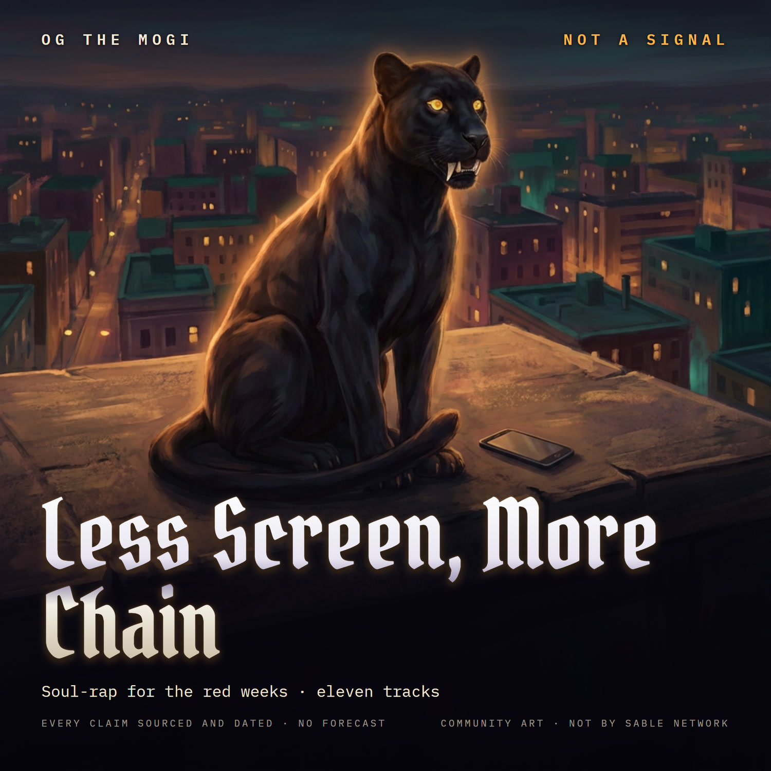 The album cover of Less Screen, More Chain: the community panther on a rooftop at dusk, a phone lying beside it, the city below