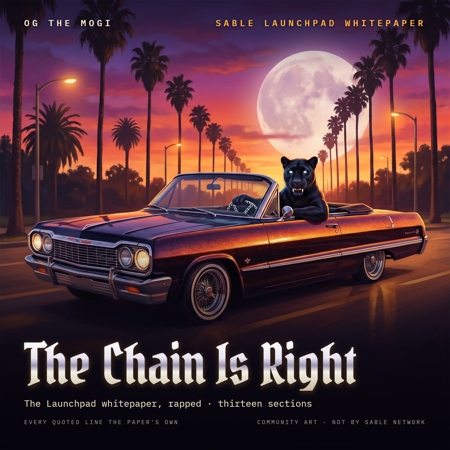 The album cover of The Chain Is Right: the community panther behind the wheel of a black lowrider at sunset, palm trees and a full moon